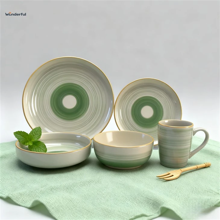 Concentric & Striped Ceramic Dinnerware Set With Brown Rim