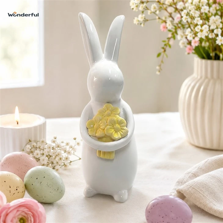 Gloss White Ceramic Easter Bunny Figurine With Yellow Flower