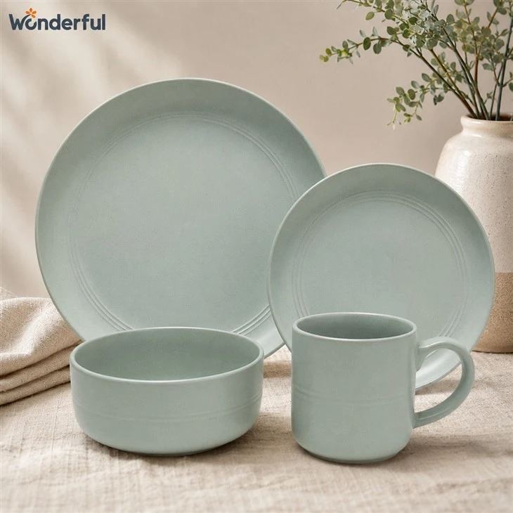 16pcs Round Glazed Stoneware Dinnerware