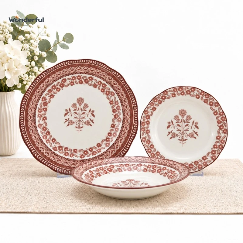 Vintage Red Floral Scalloped Ceramic Dinnerware Plate Set Vintage Red Floral Scalloped Ceramic Dinnerware Plate Set