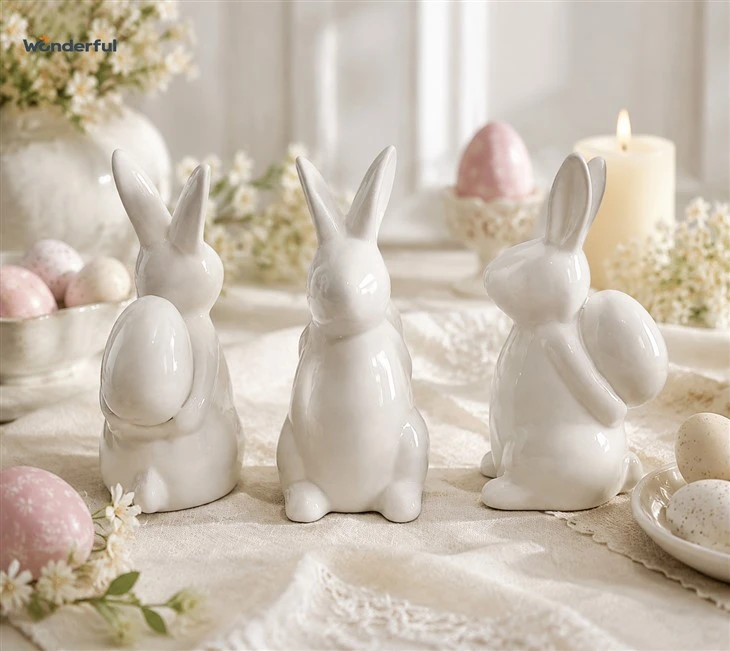 Set Of 3 Gloss White Ceramic Easter Bunny & Egg Figurines
