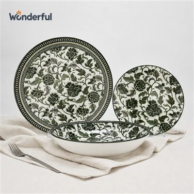 12PCS-Vintage Scroll Floral Printed Ceramic Dinnerware Set
