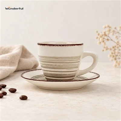 Bark Glaze Striped Stoneware Coffee Cup With Saucer