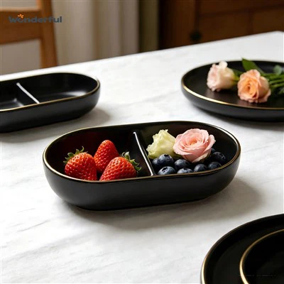 Black Glossy Divided Ceramic Dish