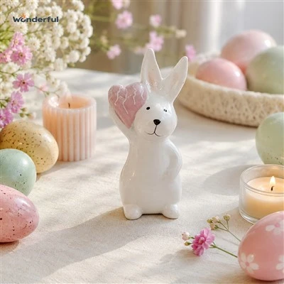Ceramic Easter Bunny Figurine With Pink Heart Accent