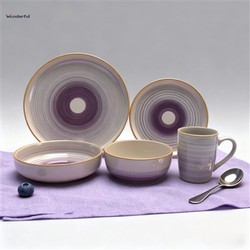 Concentric & Striped Ceramic Dinnerware Set With Brown Rim Concentric & Striped Ceramic Dinnerware Set With Brown Rim