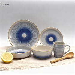 Concentric & Striped Ceramic Dinnerware Set With Brown Rim Concentric & Striped Ceramic Dinnerware Set With Brown Rim
