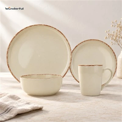 Farmhouse Cream Stoneware Dinnerware With Brushed Brown Rim