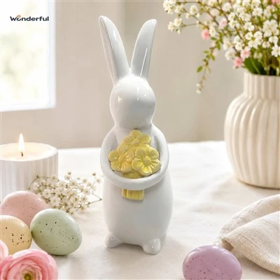 Gloss White Ceramic Easter Bunny Figurine With Yellow Flower