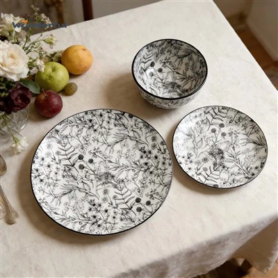 Glossy White Ceramic Dinnerware With Black Botanical Prin