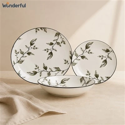 Ink Wash Grey Leaf Branch Porcelain Tableware Set