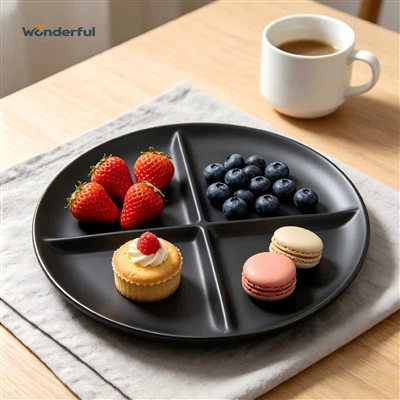 Matte Black Cross-Split Divided Ceramic Plate